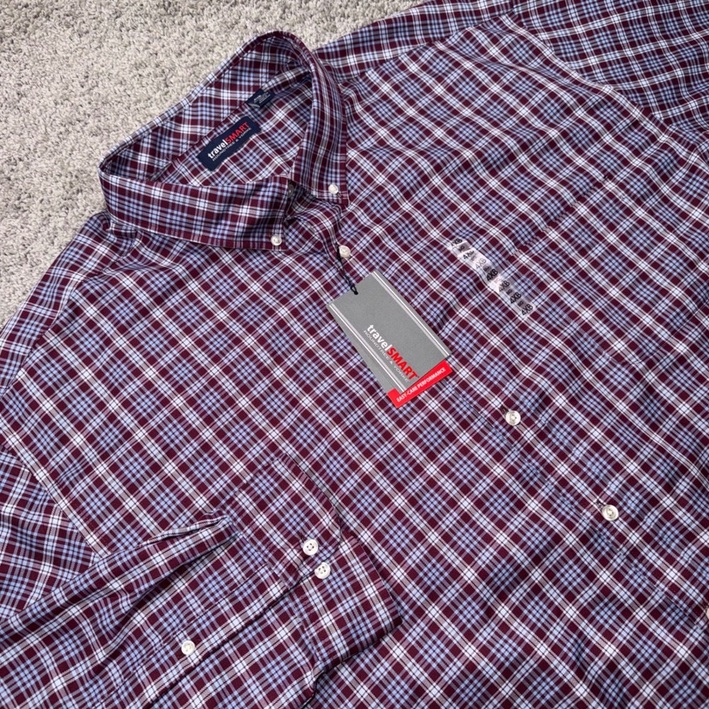 Roundtree & Yorke TravelSmart Shirt Mens 4XB Plaid Long Sleeve Burgundy Blue NEW